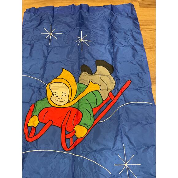 Vintage custom LG outdoor flag hand stitch blue child sledding theme 35" x 53" - Picture 2 of 15
